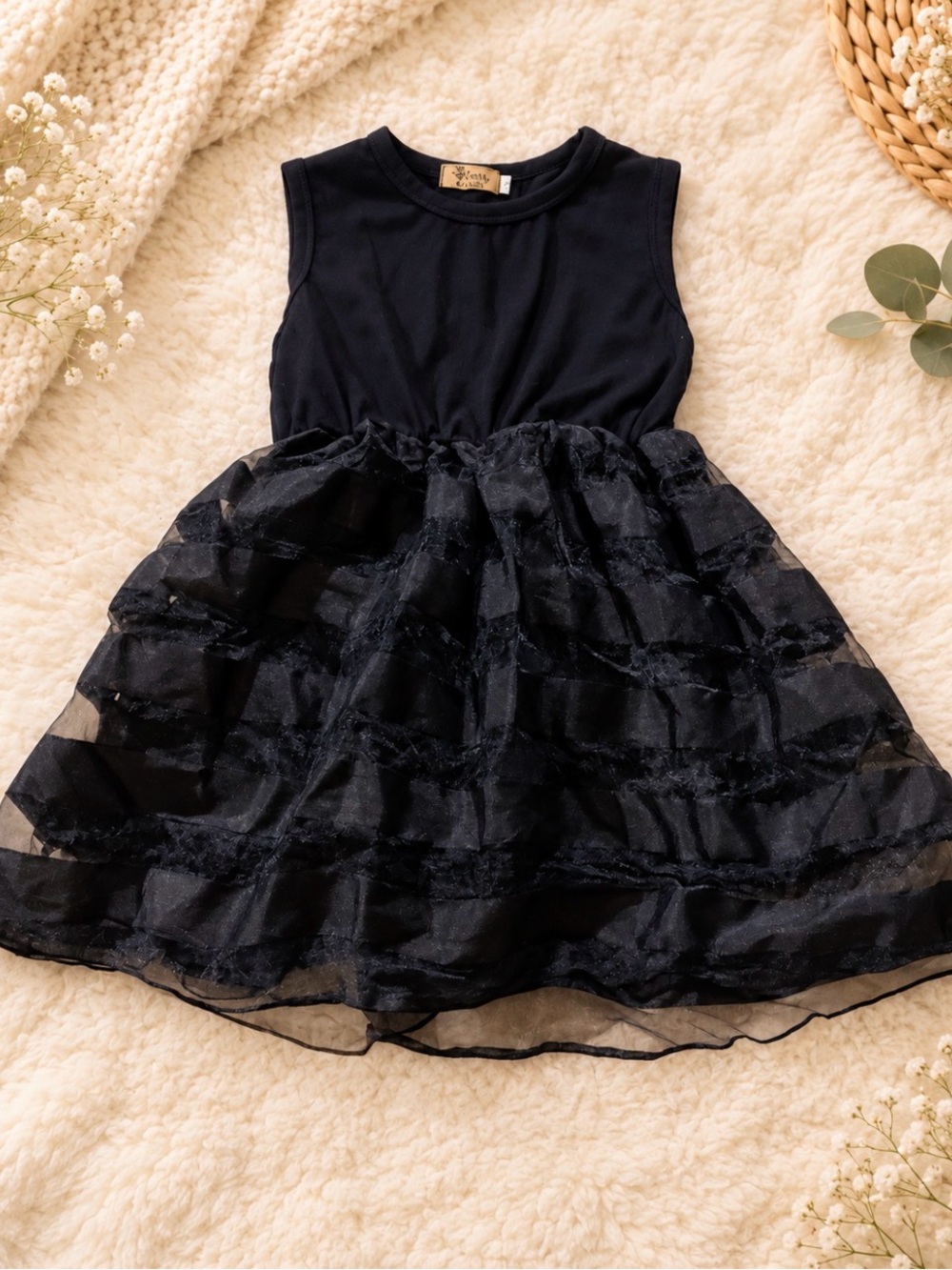 Girls' Sleeveless Black Party Dress with Layered Organza Skirt